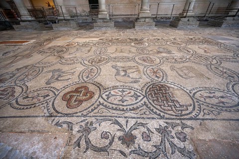Detailed floor mosaic with depictions of animals and people, Basilica di Santa Maria Assunta,
