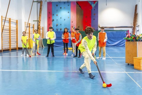 Group of elementary school students wearing bibs playing floorball in school gym during their