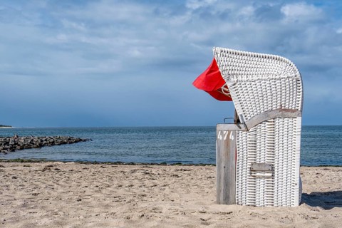 White beach chair, beach, Utersum, North Sea island, Föhr, North Frisia, Schleswig-Holstein,