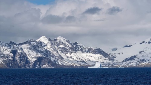 Snowy mountain range with iceberg off coast, cloudy sky over dark ocean, north coast, south Georgia