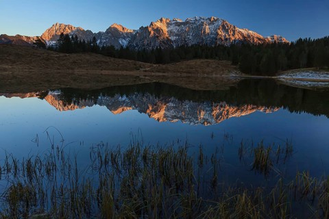 Mountains reflected in lake, evening light, autumn, Wildensee, Karwendel Mountains, Mittenwald,