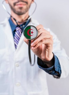 Algeria health and medical insurance concept. Algeria healthcare system, doctor holding stethoscope