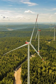 A towering wind turbine stands in a large, densely wooded area under a blue sky, Besenfeld,