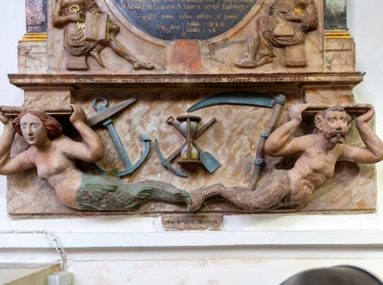 Mermaid and faun Martin Pring monument d 1626, church of Saint Stephen, St Stephen's church,