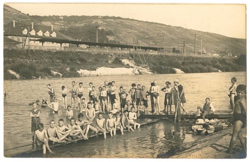 Bathing, swimwear, leisure, summer, swimming, boys, girls, river, group of children bathing in a