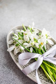 Delicate snowdrops arranged on an ornate tray, accented by a soft ribbon, symbolizing spring's