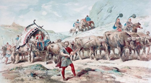 Nervian cart drawn by oxen. After a watercolour by A. Heins. From Cortege Historique Des Moyens De