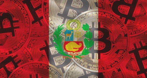 Bitcoins on Peru flag background. Golden bitcoin coins on Peru flag background