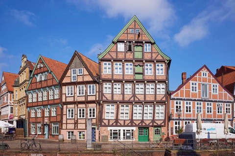 Old half-timbered houses in the old Hanseatic harbour in the old town of Stade, Hanseatic city,