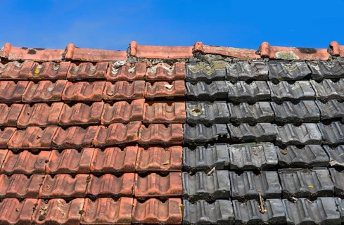 Old roof covered with red and black tiles, Germany