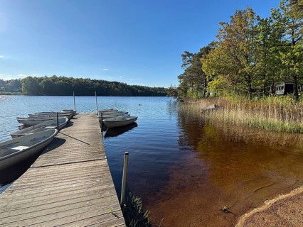 Wooden pier with boats on a quiet lake surrounded by forest and clear skies, camping, vacation,