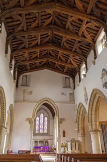 Nave, wooden ceiling, window, interior view, St Mary's Church, Bibury, The Cotswolds, England,