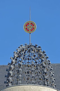 Bell cage with decorations, wrought iron work, arts and crafts, detail, metal grid, grid,
