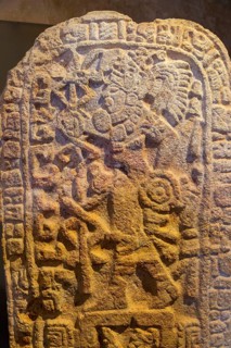 Stela carved image of warrior with spear and shield, museum of Mayan Archaeology, Campeche city,