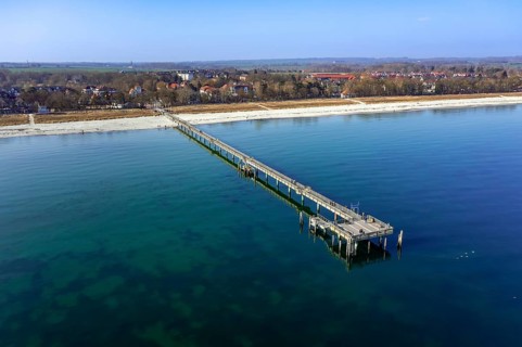 Aerial view over pleasure pier at seaside resort Boltenhagen along the Baltic Sea,