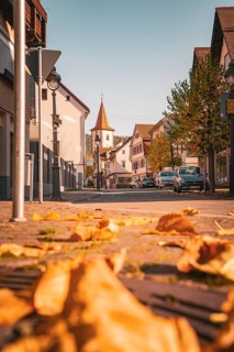 A quiet town street in autumn with falling leaves and a church tower in the background, Calmbach,