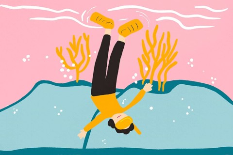 Illustration of a diver upside down in a vibrant underwater setting. The pink background enhances