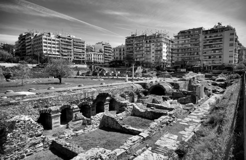 Forum Romanum, Roman Forum, Roman Agora, archaeological site, black and white, Thessaloniki,