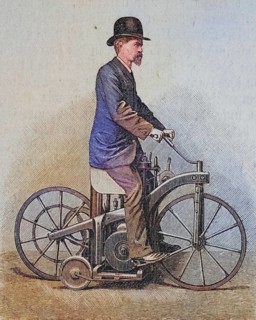 Seated bike with Daimler engine, coloured wood engraving, reproduction from a model from ca 1888,