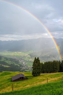 View over the Brixen Valley with rainbow, Hochbrixen, Brixen im Thale, Kitzbühel Alps, Tyrol,