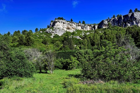 Rugged landscape with limestone and bauxite rocks, Les Baux-de-Provence, Alpilles, southern France,