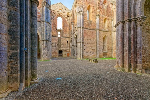 Transept, crossing and choir, church ruins of the Cistercian Abbey of San Galgano, Abbazia San