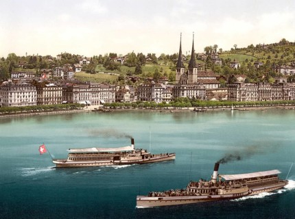Promenade and cathedral, with two small steamboats, Lucerne, Switzerland, Historical, Digitally
