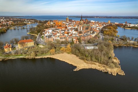 City view of Stralsund with St Mary's Church seen from the air, Mecklenburg-Vorpommern, Germany