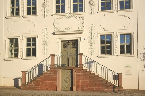 Bright villa with staircase and stucco decorations, ornaments, market square, Sangerhausen, Harz,