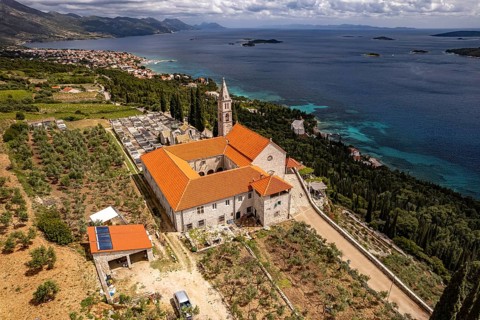 Franciscan monastery and church Madonna of the Angels and the coast seen from above, Orebic,
