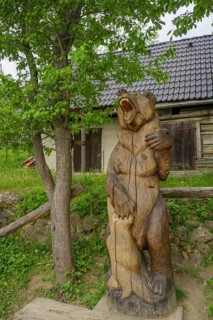 Wooden bear statue, Vlkolinec village, Unesco World Heritage Site, Ružomberok, Žilinský kraj,