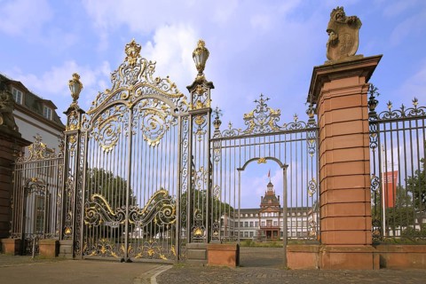 Magnificent golden metal gate with decorations, metal bars, ironwork, baroque Philippsruhe Castle,