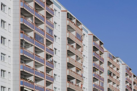 Prefabricated buildings with balcony, photographed in the Berlin district of Lichtenberg in Berlin,