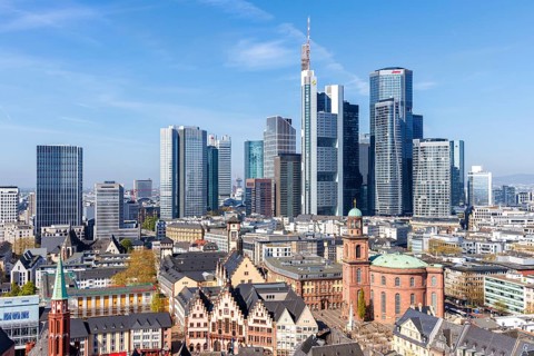 Frankfurt skyline skyscrapers in the city centre with Römer from above in Frankfurt, Germany