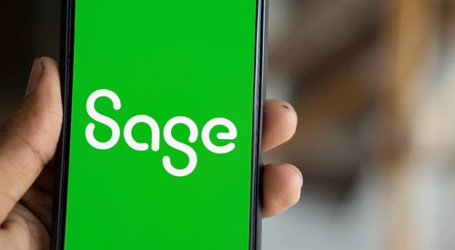 Sage Group logo is displayed on smartphone. Sage Group plc is a British software company