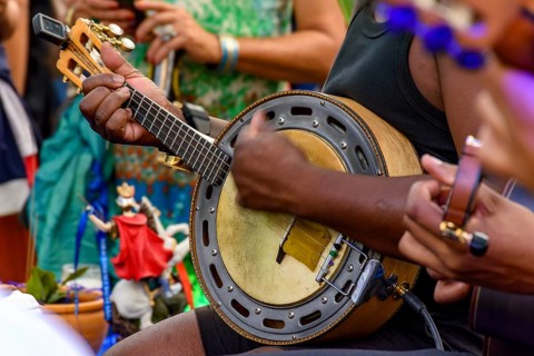 Banjo player during a samba show on the streets of Brazil, Belo Horizonte, Minas Gerais, Brazil