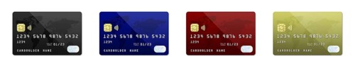 Black, blue, burgundy and gold credit card mockup set isolated on a white background
