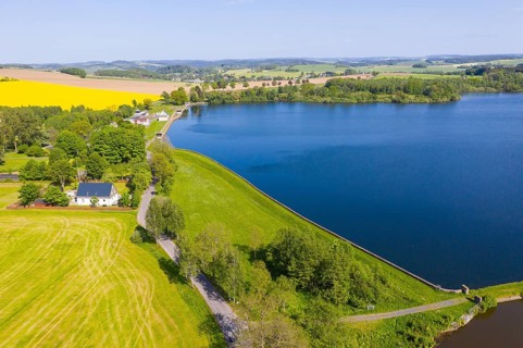 Aerial view of the Großhartmannsdorf pond with pond mill, Großhartmannsdorf, Saxony, Germany