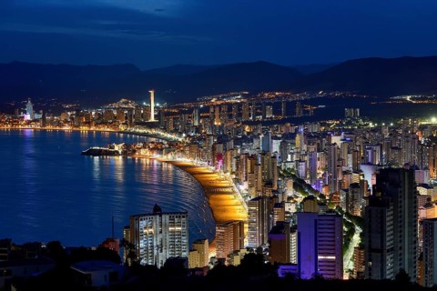 View over Benidorm and the Playa Levante, blue hour, Benidorm, Costa Blanca, Valencia country,