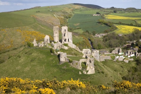 Corfe Castle is located in a natural defensive site on a hill between chalk ridges and for a
