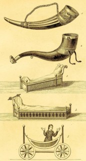 Utility objects of the Anglo-Saxon period, horns (1, 2) beds with high headboard (3, 4) carriage