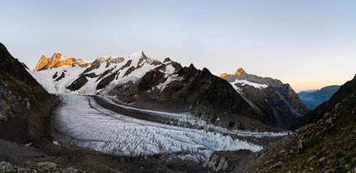 Impressive high-alpine landscape, Finsteraarhorn, Agassizhorn and Eiger mountain peaks with alpine