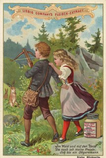 Picture series Children, boy and girl playing with a crossbow hunting hares, Liebig picture,