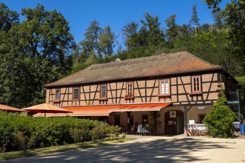Cafe at Mespelbrunn moated castle, Elsava Valley, Spessart, Lower Franconia, Franconia, Bavaria,