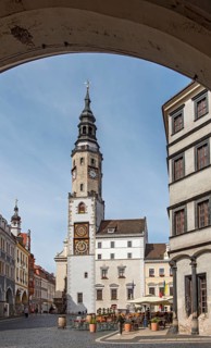 Old Town Hall Clock Tower and Lower Market Square, Untermarkt, Görlitz, Goerlitz, Germany
