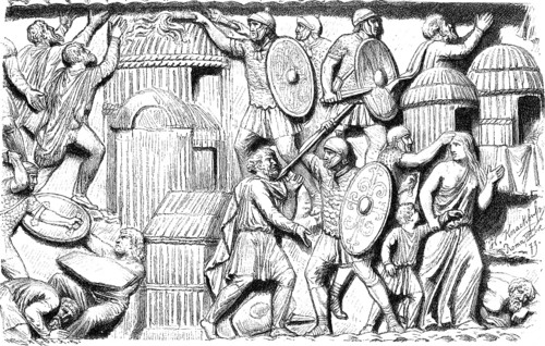 Germanic settlement is destroyed by the Romans, detail, the ancient Roman victory columnn of Marcus