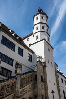 The historic town hall with the stone staircase with late Gothic forms and Renaissance ornaments in