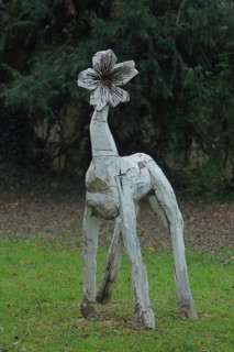 Sculpture flower animals by Achim Ripperger 2023, white animal figure with flower as head, modern