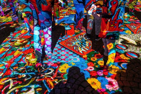 Essen Light Festival, in the city centre, light art on Kennedyplatz, the Berlin artist Daniel