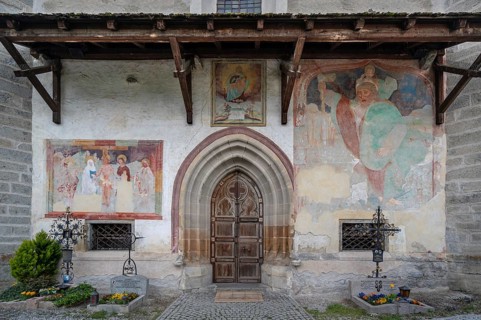 Frescoes on the entrance façade of the Maria am Sand parish church, 15th century, Vintlerweg,
